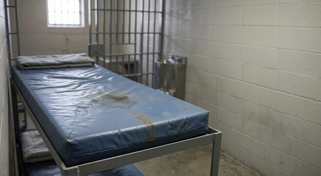 Stained blue mattress on a metal bed inside a jail cell. Empty prison room with bars and cinder block walls. Incarceration concept