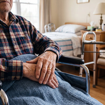 Caucasian elderly man in a wheelchair with hands visible, nursing home bedroom background