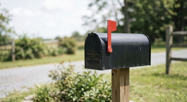 Black metal mailbox with a raised red flag on a wooden post. Outgoing mail concept in a rural suburban neighborhood setting