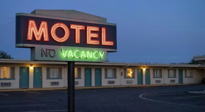 Illuminated neon motel vacancy sign at dusk. Vintage red and green glowing roadside signage. Classic single story lodging building with empty parking lot