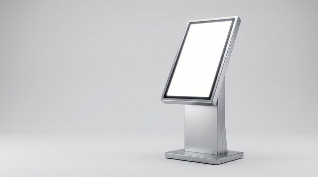 Interactive digital touch screen kiosk with a vertical display mockup on a grey background touchscreen interactive