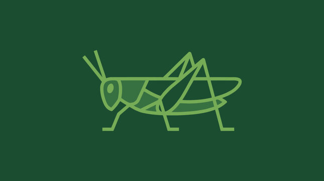 Stylized green grasshopper outline on dark green.