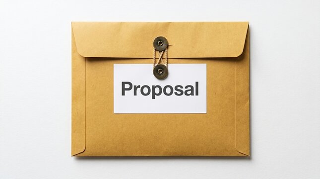 Brown paper envelope with a proposal tag secured by string and buttons envelope proposal document business contract