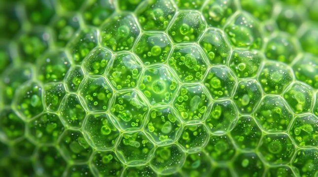 Microscopic Green Hexagonal Cells with Organelles and Glowing Center
