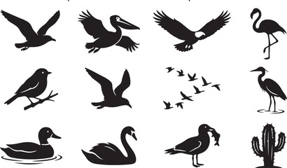 Fototapeta premium Set of black bird silhouettes featuring various species in flight, perched, and swimming, along with a cactus on white background