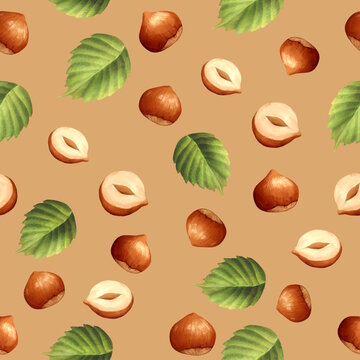 Hand-drawn hazelnut and green leaf seamless pattern