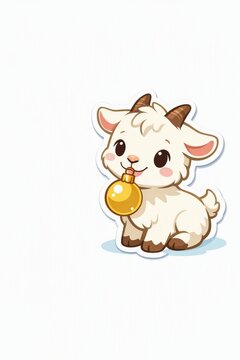 Cute cartoon baby goat with a bell sticker design for children nursery card printable label or party decoration and kids product