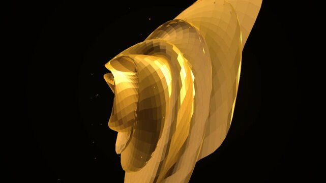 Abstract golden 3d spiral shape with a low poly mesh texture isolated on a black background