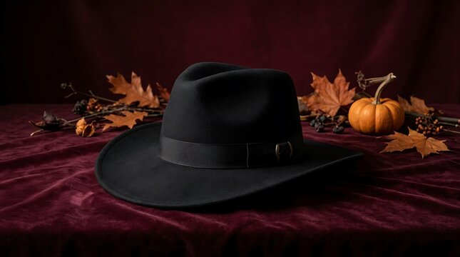 Black fedora hat on velvet table with autumn leaves and pumpkin for Halloween decor