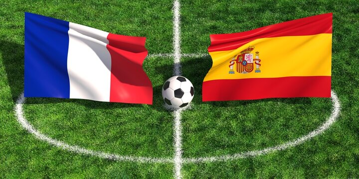 France and spain flags with soccer ball on green grass field pitch