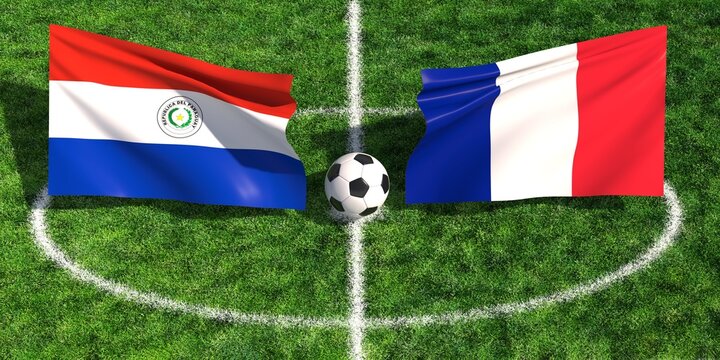 Paraguay and france flags with soccer ball on green grass field pitch