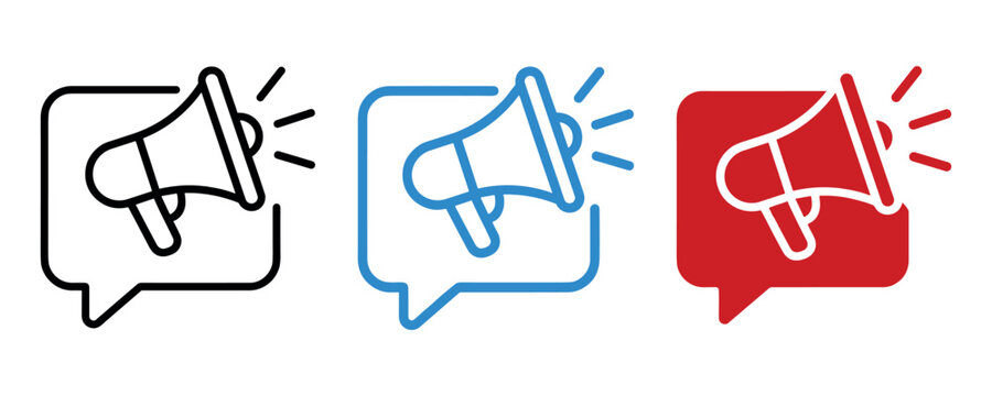 Megaphone communication vector icons set in black, blue, and red colors for announcements and messaging