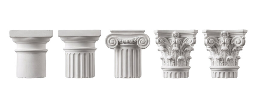 Classical Greek Roman column capitals set isolated on white background, featuring ancient architectural orders including Tuscan, Doric, Ionic, and Corinthian marble pillar capitals for vintage design.