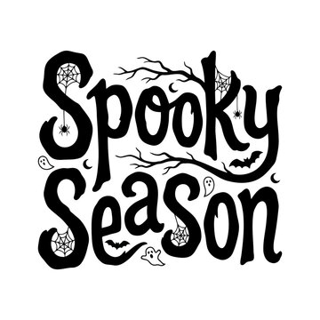 Spooky season lettering design with spider webs, bats, ghosts and branches, decorative halloween typography illustration