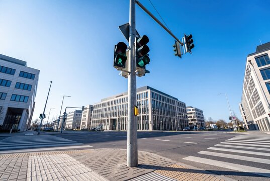Traffic light with green pedestrian signal at modern urban street