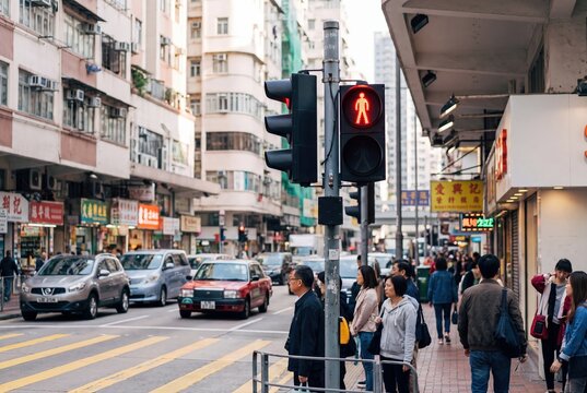 Pedestrians waiting at traffic light on busy street in Hong Kong