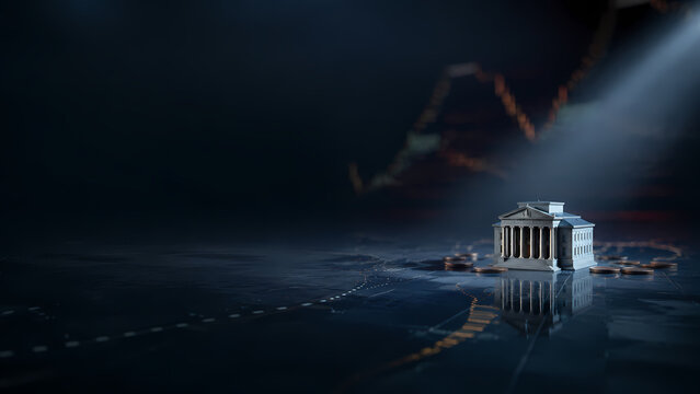 Miniature central bank illuminated by a dramatic spotlight in a dark financial scene with glowing market chart lines, symbolizing monetary policy, economic uncertainty, investment risk and market vola