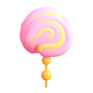 Yellow and pink spiral lollipop candy illustration 3d render for sweet shop dessert snack kids treat mobile video game ui asset