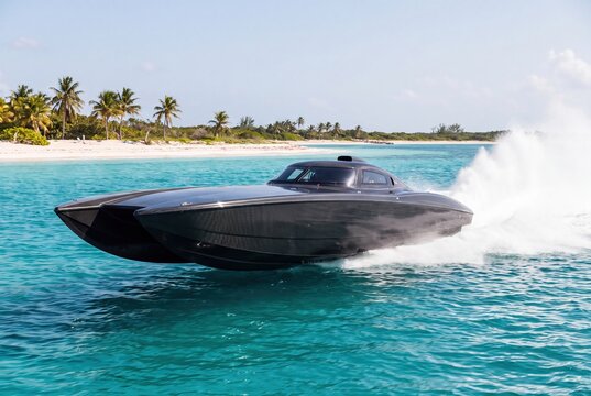 Luxury speedboat racing fast in turquoise tropical sea ocean water
