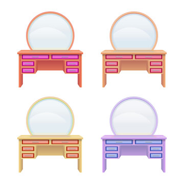 Colorful vanity dresser with makeup mirror on transparent background