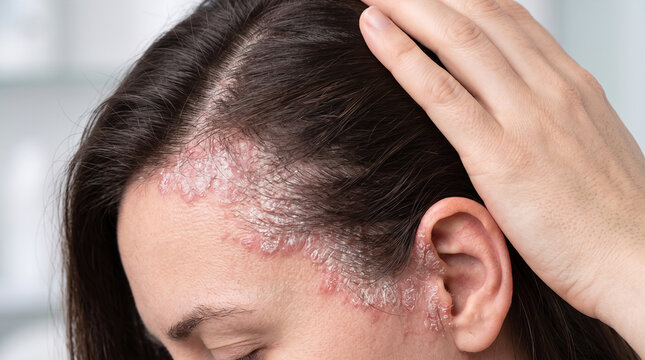 Dermatologist examining a close-up affected area beside the ear where sharply bordered inflamed patches and whitish flakes spread beneath the hair roots, plaque psoriasis, auricular involvement