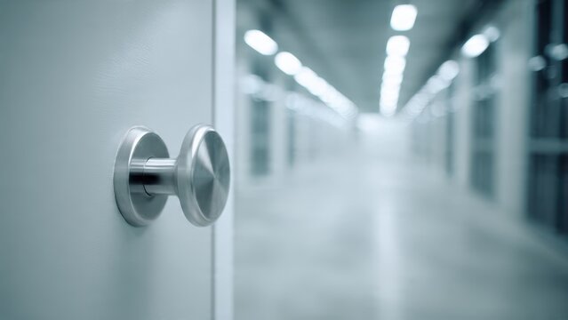 Modern office corridor with open door and bright overhead lights in a corporate building