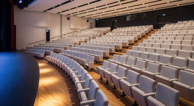 Modern auditorium with empty seats and wooden floor