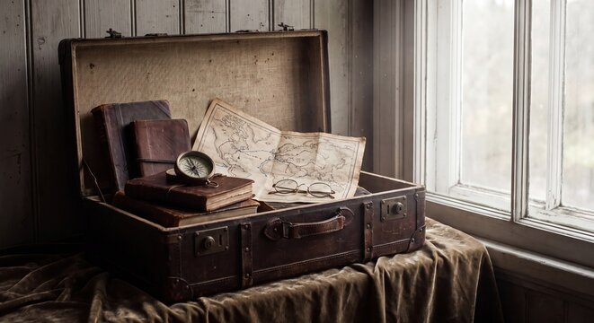 Vintage leather suitcase with old maps compass books and travel items