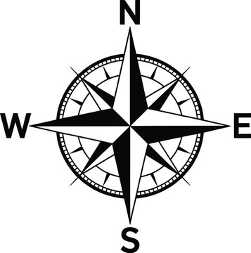 Compass rose or windrose flat icon for apps and websites, representing navigation, direction, orientation, travel, and mapping.