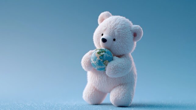 Polar bear holding a small Earth globe against a snowy blue background, illustrating climate change awareness and environmental care.