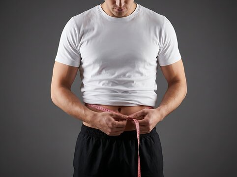 A man in a white t shirt measuring his waist with a tape measure to track weight loss