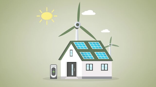 Green House with Solar Panels and Electric Vehicle Charging &ndash; Renewable Energy and Savings Concept