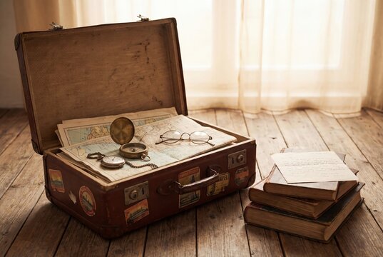 Vintage travel suitcase with old maps compass and books nostalgia mood