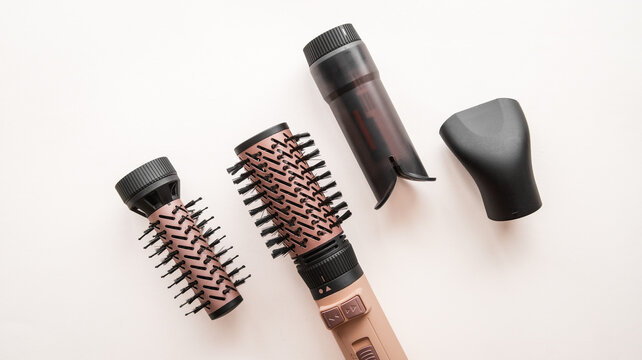 Rotating hot air brush with interchangeable barrels and nozzle for versatile styling