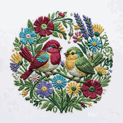 Obraz premium Created on A Hand drawn whimsical embroidered design of birds and flowers in vibrant colors with vector art on white background