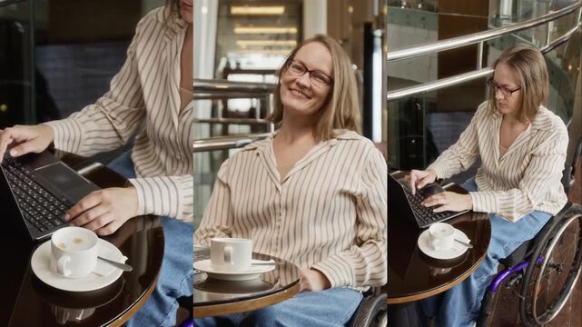 Portrait of Caucasian woman with disability in wheelchair typing on laptop, split screen. Footage represents inclusive employment and diverse remote workplace marketing campaigns
