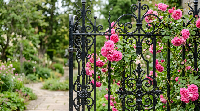 Decorative black wrought iron garden gate with climbing pink roses. Ornate metal boundary fence with floral details and blurred stone pathway in background