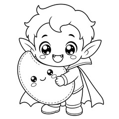 Fototapeta premium Cute chibi vampire boy holding a smiling moon character for a fun coloring page for kids
