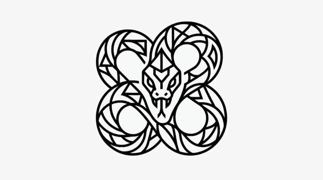 Geometric black and white vector illustration of a coiled snake forming a symmetrical four-lobed infinity knot pattern with a central serpent head and intricate angular line work.