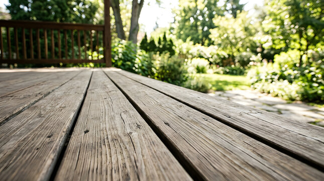 Low angle perspective of a wooden deck leading to a green garden. Weathered outdoor patio flooring with blurred backyard background