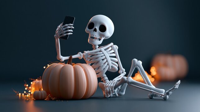 Skeleton taking a selfie with a pumpkin on a dark studio background with Halloween decor and warm lights.