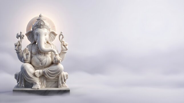 Marble Lord Ganesa statue seated on pedestal with crown, jewelry, and divine halo, holding symbolic objects, radiating wisdom, prosperity, and blessings