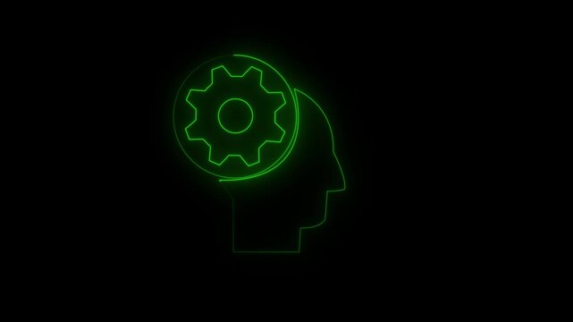 lowing neon line Human head with gear inside icon isolated on black background. Artificial intelligence. Thinking brain sign. Symbol work of brain. 4K Video motion graphic animation