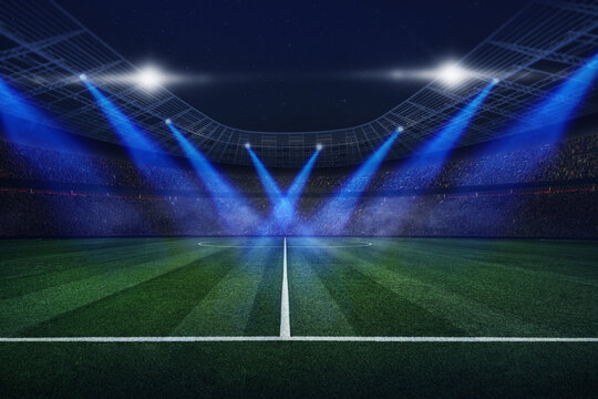 Large sports stadium illuminated by blue floodlights at night. Sports tournament, championship. Space for design and text.