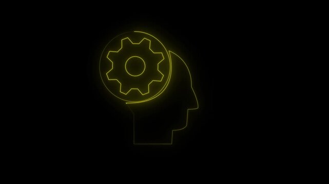 lowing neon line Human head with gear inside icon isolated on black background. Artificial intelligence. Thinking brain sign. Symbol work of brain. 4K Video motion graphic animation.