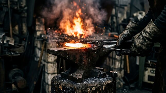 Blacksmith working with glowing hot metal on an anvil in a traditional forge workshop