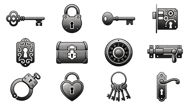 Vintage black halftone security icon set of keys and locks on clean white background.