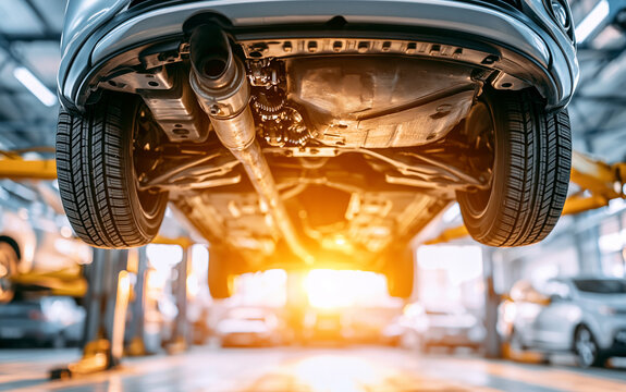 Bottom view of car on hydraulic lift in automotive service station