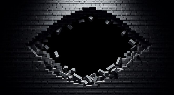 Crashing brick wall with a dark hole, symbolizing destruction and breaking through barriers