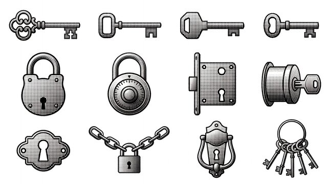Halftone antique key and security lock icon collection isolated on plain white canvas.